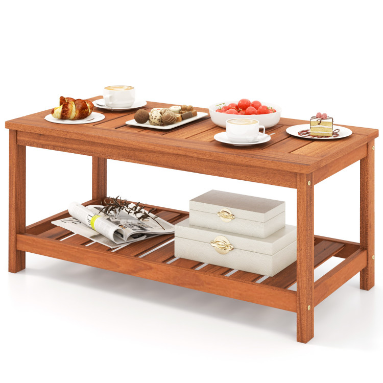 2-Tier Patio Coffee Table with Slatted Tabletop and Shelf212 - Gallery View 3 of 13