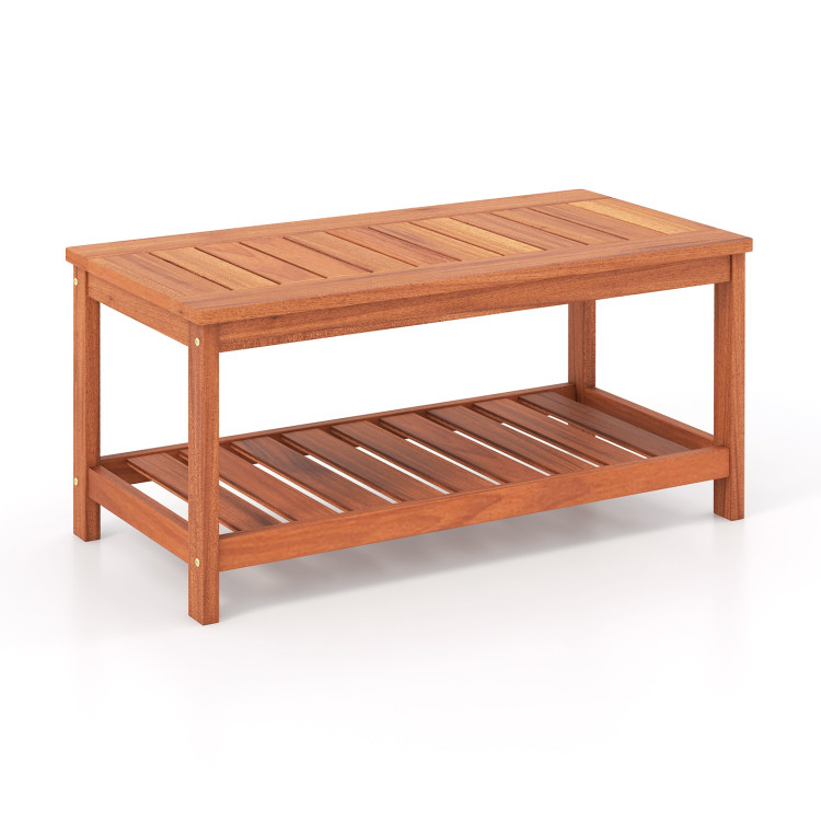 2-Tier Patio Coffee Table with Slatted Tabletop and Shelf - Gallery View 2 of 13