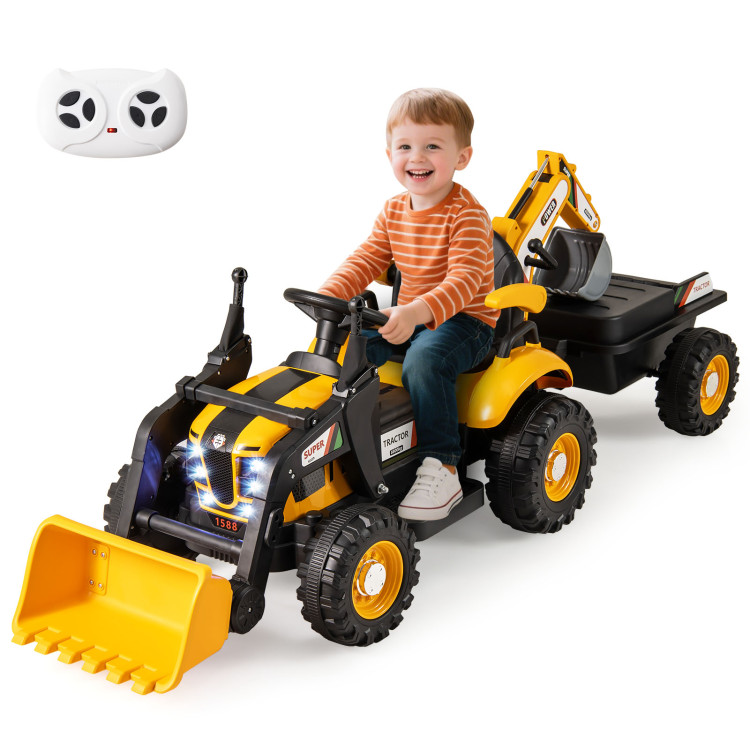 12V Electric Construction Vehicle 4 in 1 Ride on Tractor Excavator & Bulldozer for Kids-Yellow - Gallery View 1 of 20