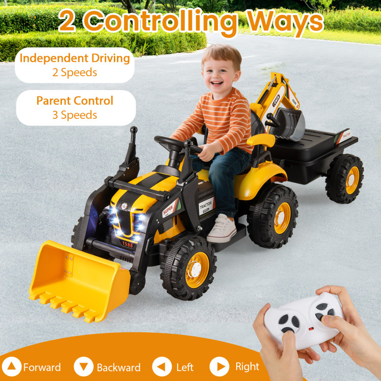 12V Electric Construction Vehicle 4 in 1 Ride on Tractor Excavator & Bulldozer for Kids-Yellow - Gallery View 6 of 20