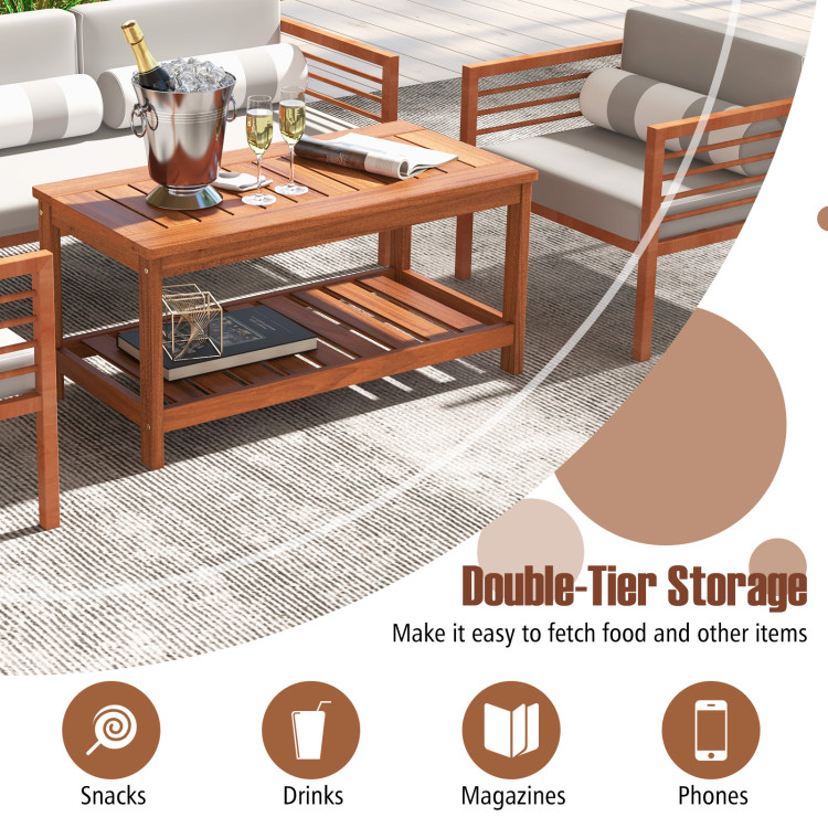 2-Tier Patio Coffee Table with Slatted Tabletop and Shelf - Gallery View 6 of 13